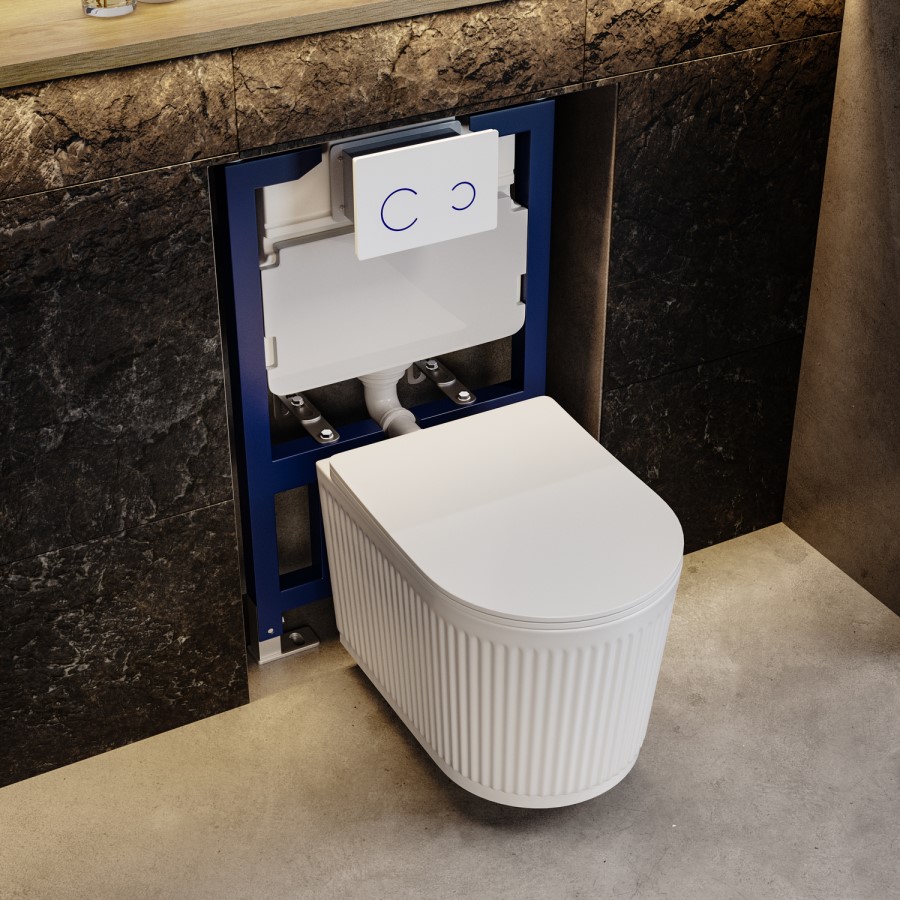 Fluted Wall Hung Toilet with Soft Close Seat, White Glass Sensor Flush Plate, 820mm Frame & Cistern - Oregon