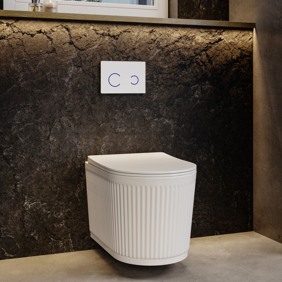 Fluted Wall Hung Toilet with Soft Close Seat, White Glass Sensor Flush Plate, 820mm Frame & Cistern - Oregon