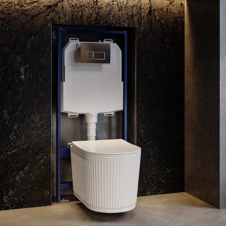 Fluted Wall Hung Toilet with Soft Close Seat, Chrome Pneumatic Flush Plate, 1160mm Frame & Cistern - Oregon