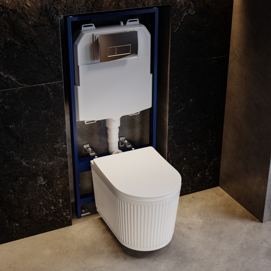 Fluted Wall Hung Toilet with Soft Close Seat, Chrome Pneumatic Flush Plate, 1160mm Frame & Cistern - Oregon