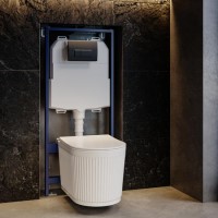 Fluted Wall Hung Toilet with Soft Close Seat, Matt Black Pneumatic Flush Plate, 1160mm Frame & Cistern - Oregon