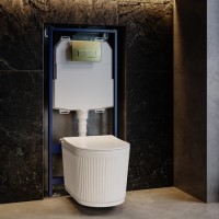 Fluted Wall Hung Toilet with Soft Close Seat, Brushed Brass Pneumatic Flush Plate, 1160mm Frame & Cistern - Oregon