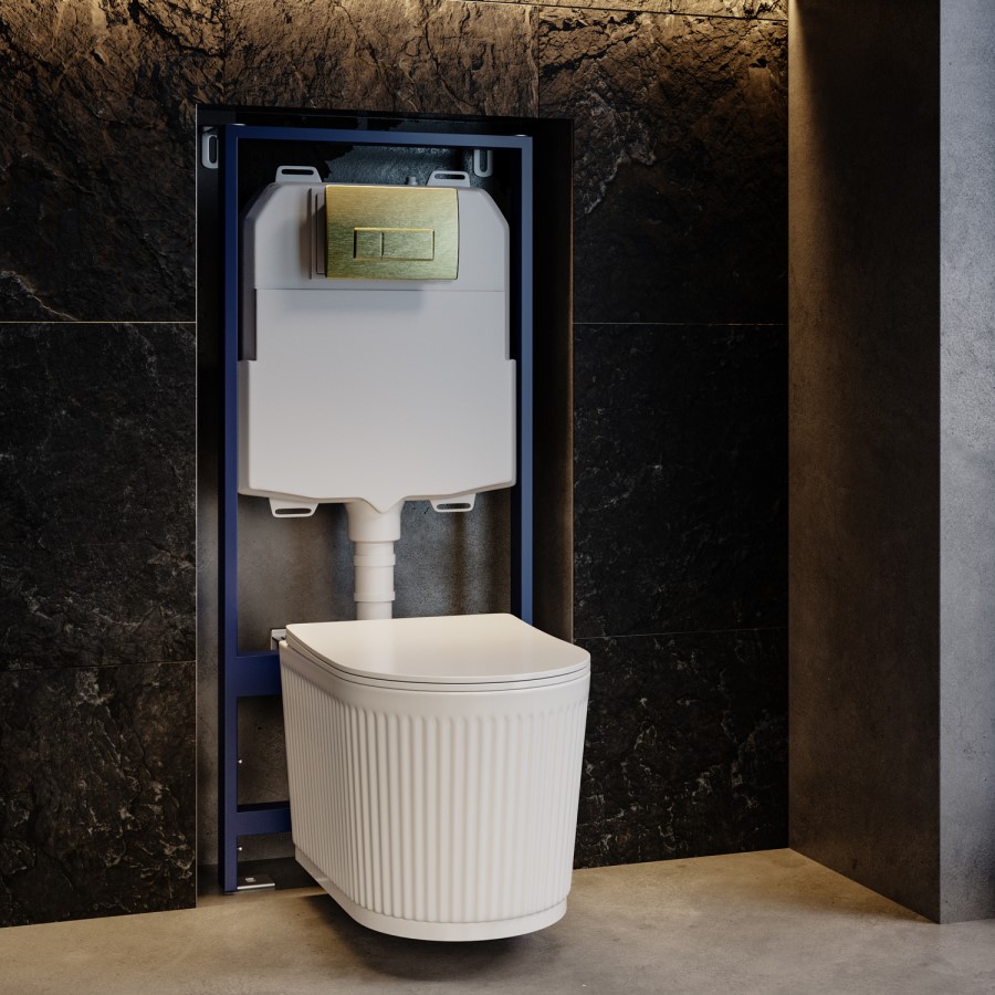 Fluted Wall Hung Toilet with Soft Close Seat, Brushed Brass Pneumatic Flush Plate, 1160mm Frame & Cistern - Oregon