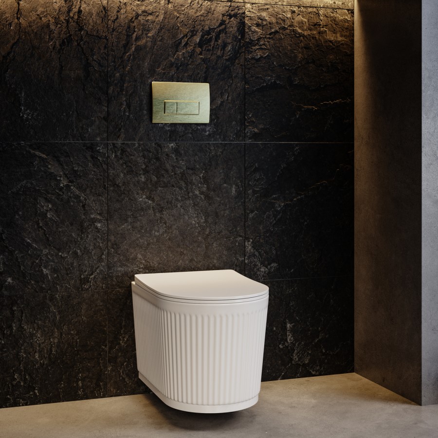 Fluted Wall Hung Toilet with Soft Close Seat, Brushed Brass Pneumatic Flush Plate, 1160mm Frame & Cistern - Oregon