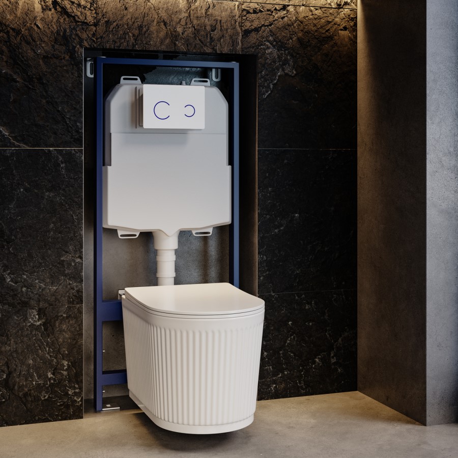 Fluted Wall Hung Toilet with Soft Close Seat, White Glass Sensor Flush Plate, 1160mm Frame & Cistern - Oregon