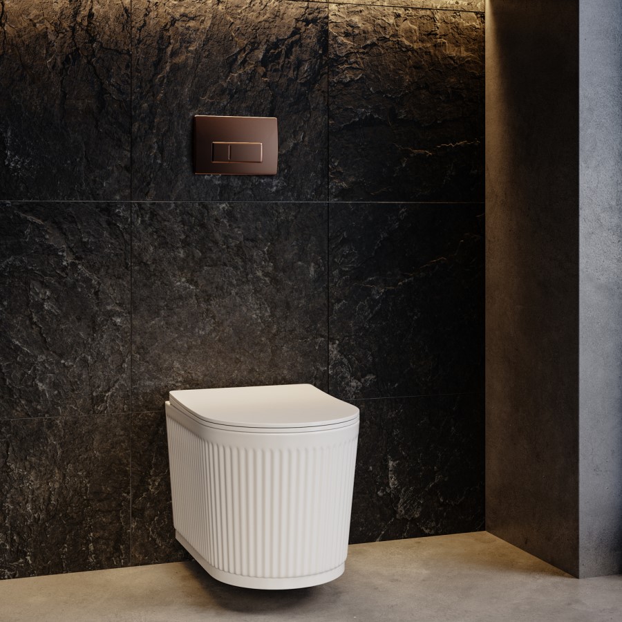 Fluted Wall Hung Rimless Toilet with Soft Close Seat, Brushed Bronze Pneumatic Flush Plate, 1168mm Frame & Cistern – Oregon