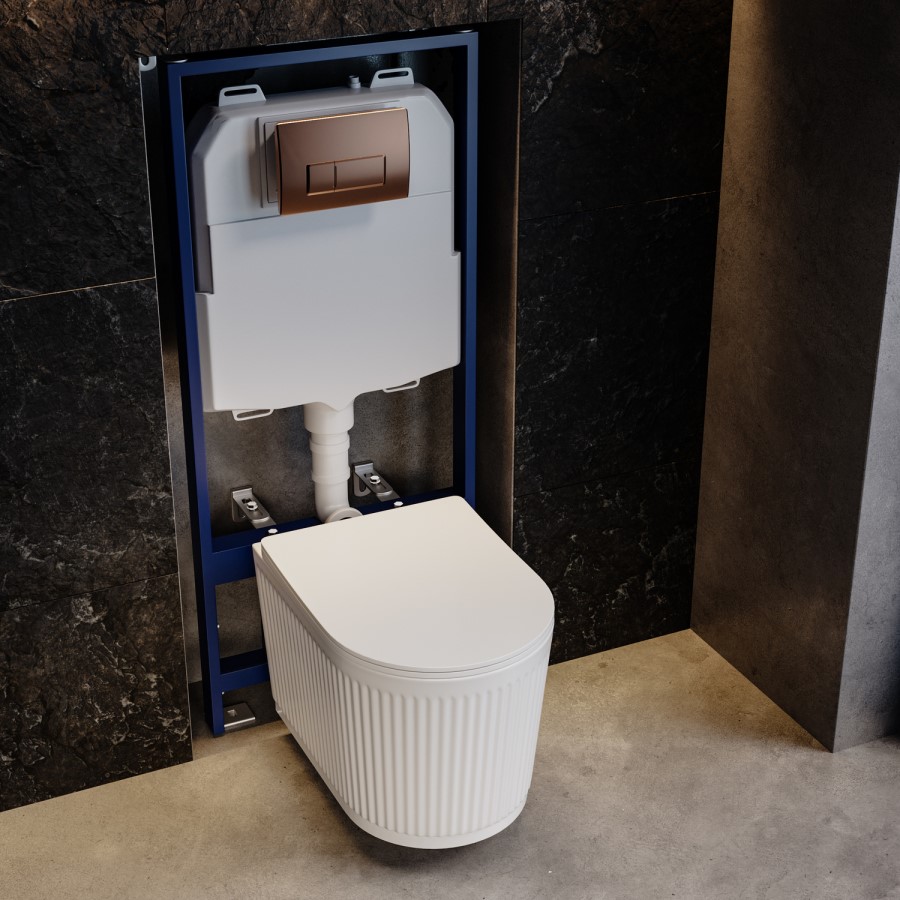 Fluted Wall Hung Toilet, 1160mm Pneumatic Frame & Cistern & Brushed Bronze Pneumatic Flush Plate - Oregon