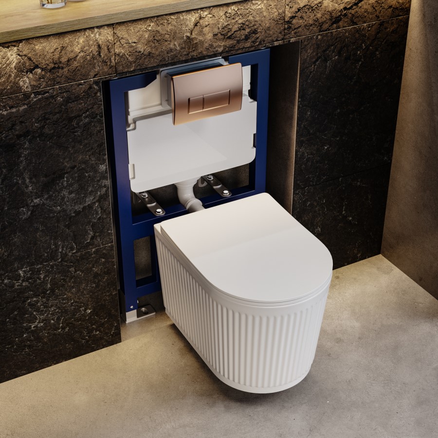 Fluted Wall Hung Toilet, 820mm Frame and Cistern & Brushed Bronze Pneumatic Flush Plate - Oregon