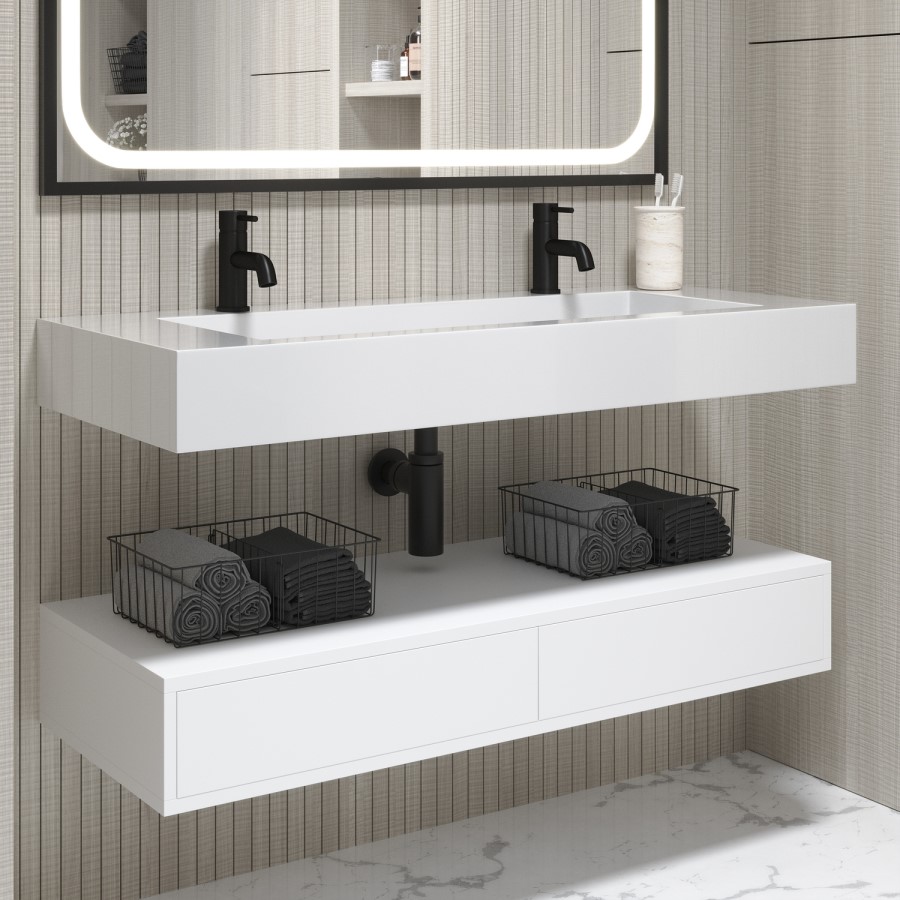 1200mm White Wall Hung Double Vanity Unit with Rectangular Basin - Oslo