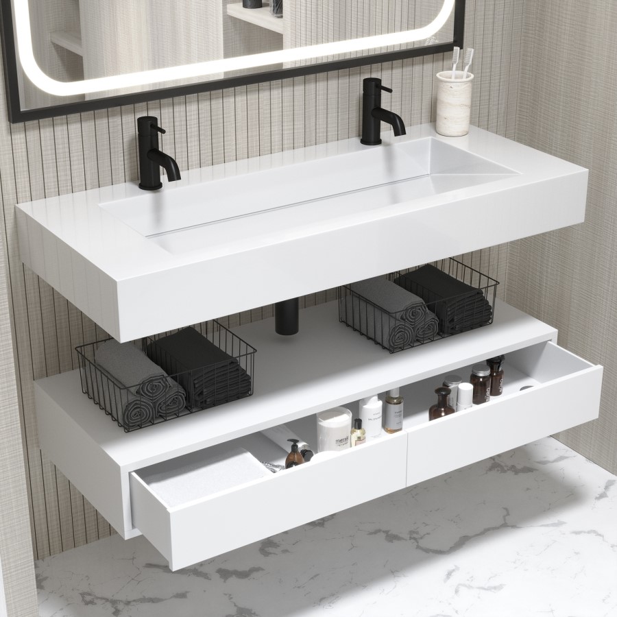 1200mm White Wall Hung Double Vanity Unit with Rectangular Basin - Oslo