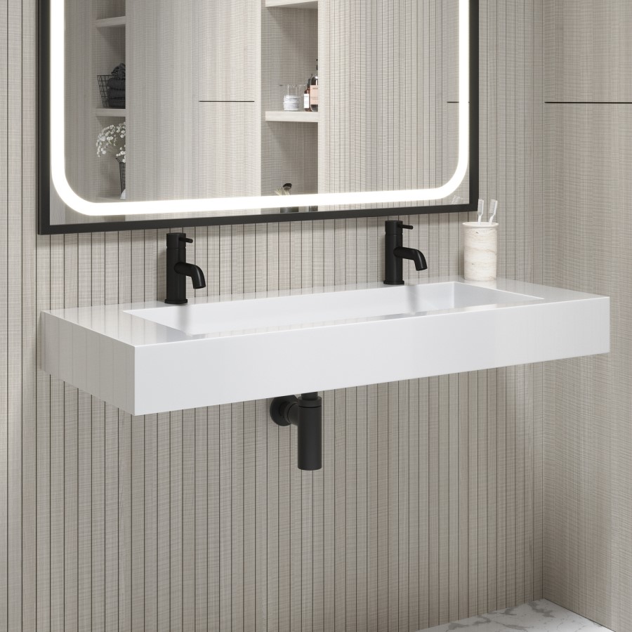 ONLY OPENED - White Rectangular Wall Hung Basin with Hidden Waste 1200mm - Oslo