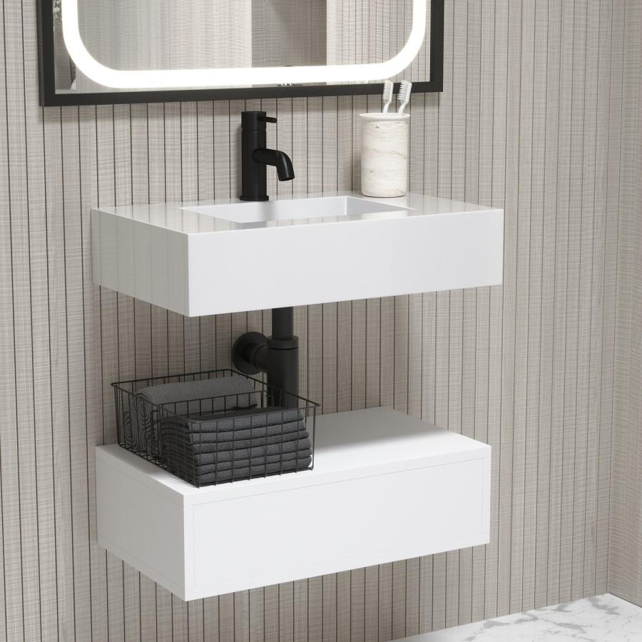 600mm White Wall Hung Vanity Unit with Rectangular Basin - Oslo