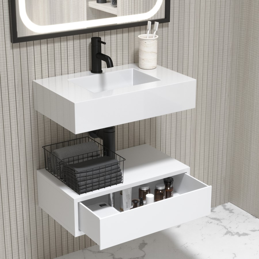 600mm White Wall Hung Vanity Unit with Rectangular Basin - Oslo