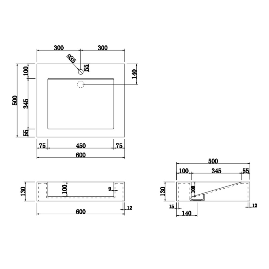 600mm White Wall Hung Vanity Unit with Rectangular Basin - Oslo