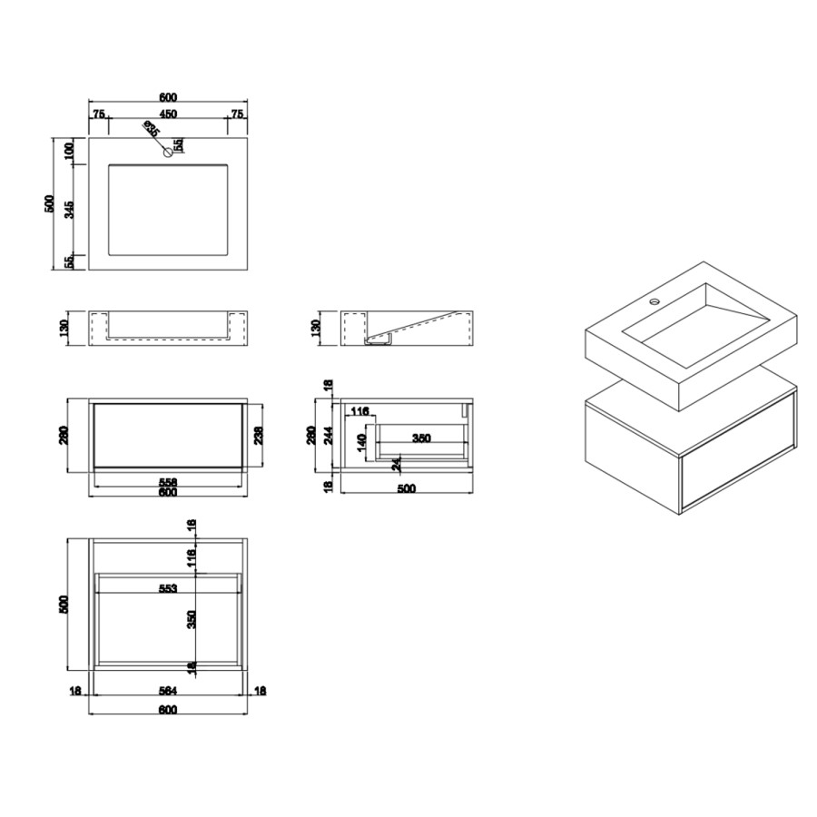 600mm White Wall Hung Vanity Unit with Rectangular Basin - Oslo