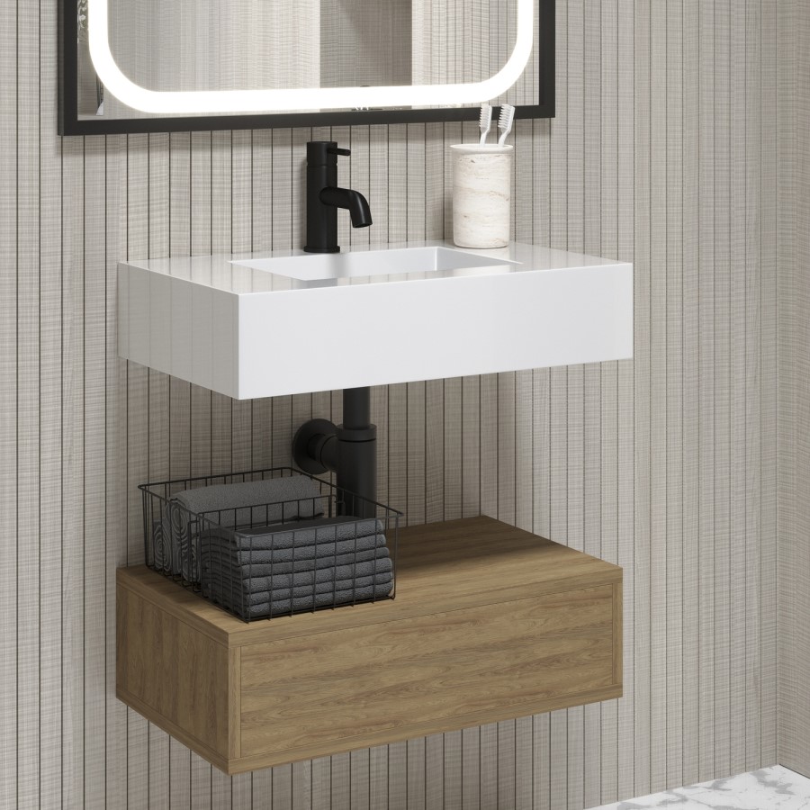 600mm Wood Effect Wall Hung Vanity Unit with Rectangular Basin - Oslo