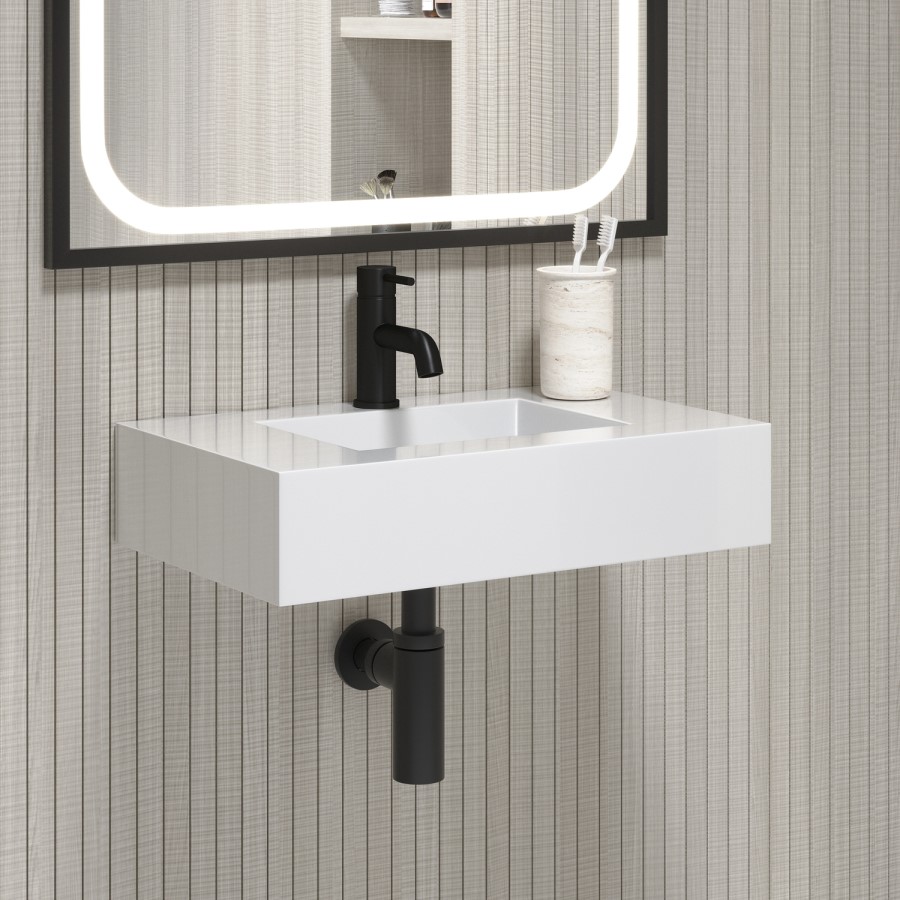 ONLY OPENED - 600mm Wall Hung Resin Basin with Built in Drain Gloss White- Oslo