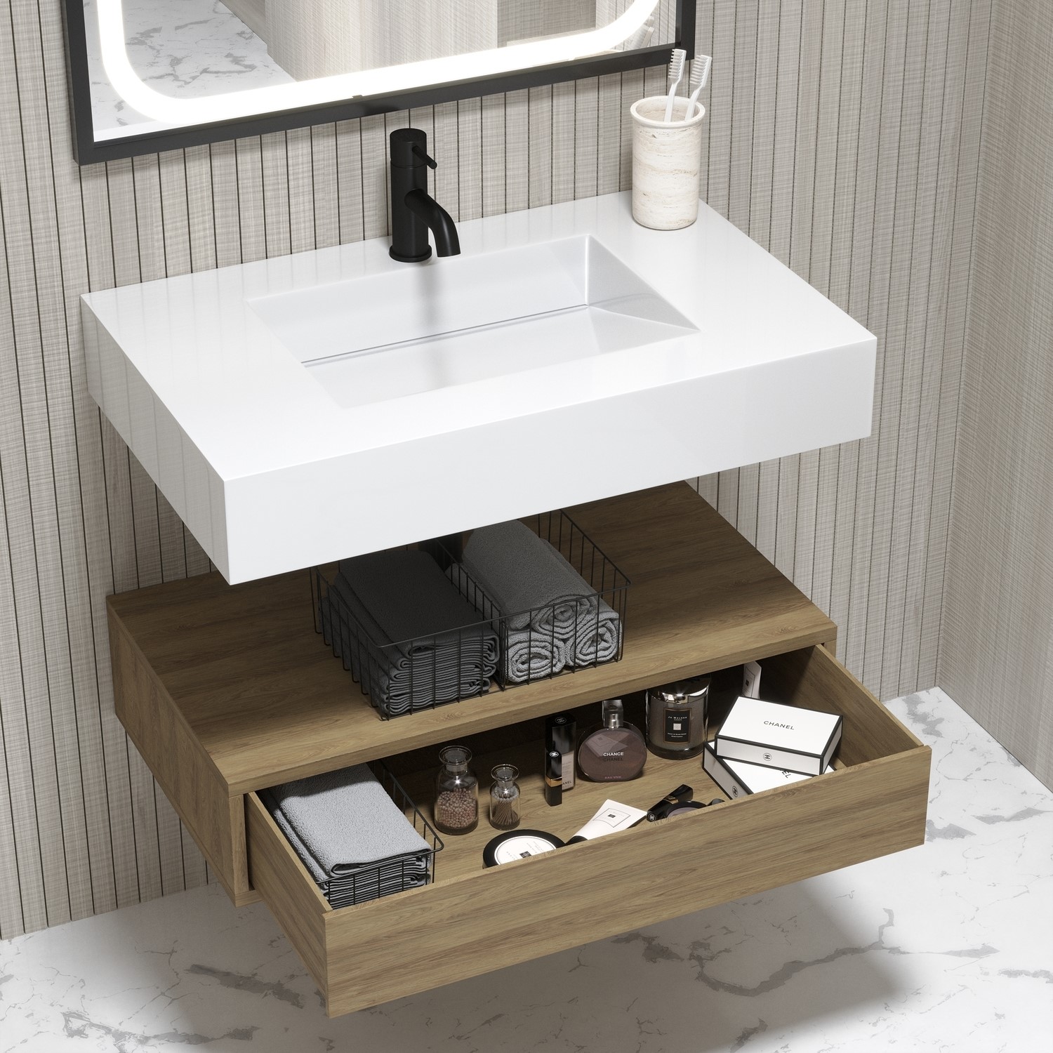 800mm Wood Effect Wall Hung Vanity Unit with Rectangular Basin - Oslo ...