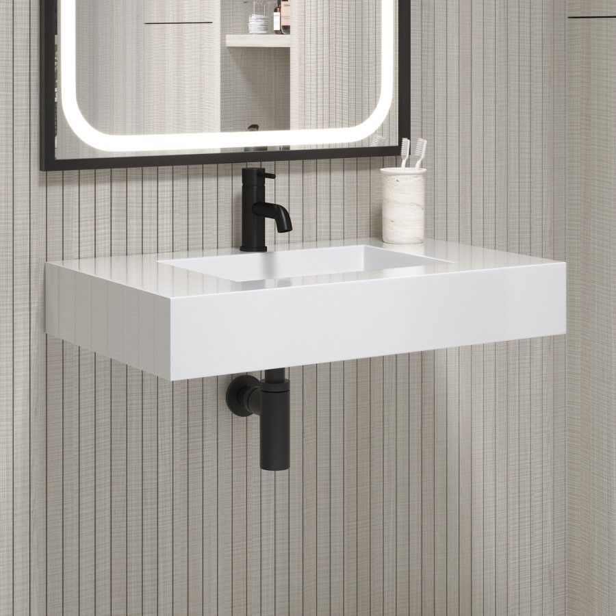 ONLY OPENED - 800mm Wall Hung Resin Basin with Built in Drain Gloss White- Oslo