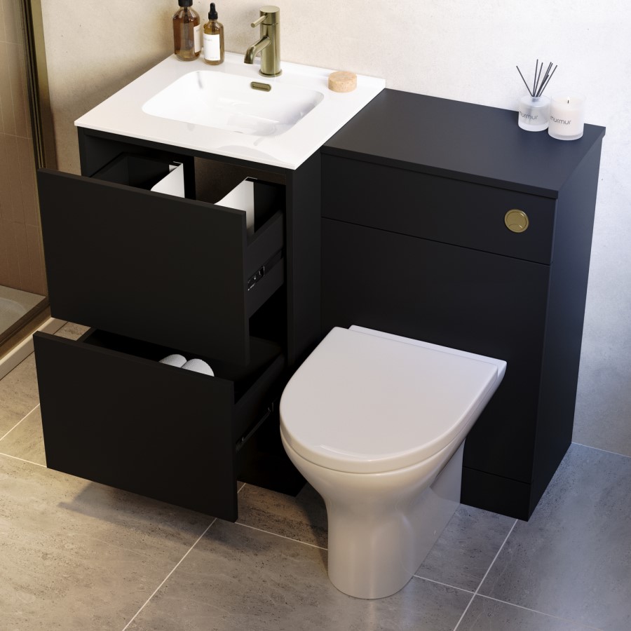 1000mm Black Toilet and Sink Unit with Round Toilet and Brushed Brass Push Button - Palma