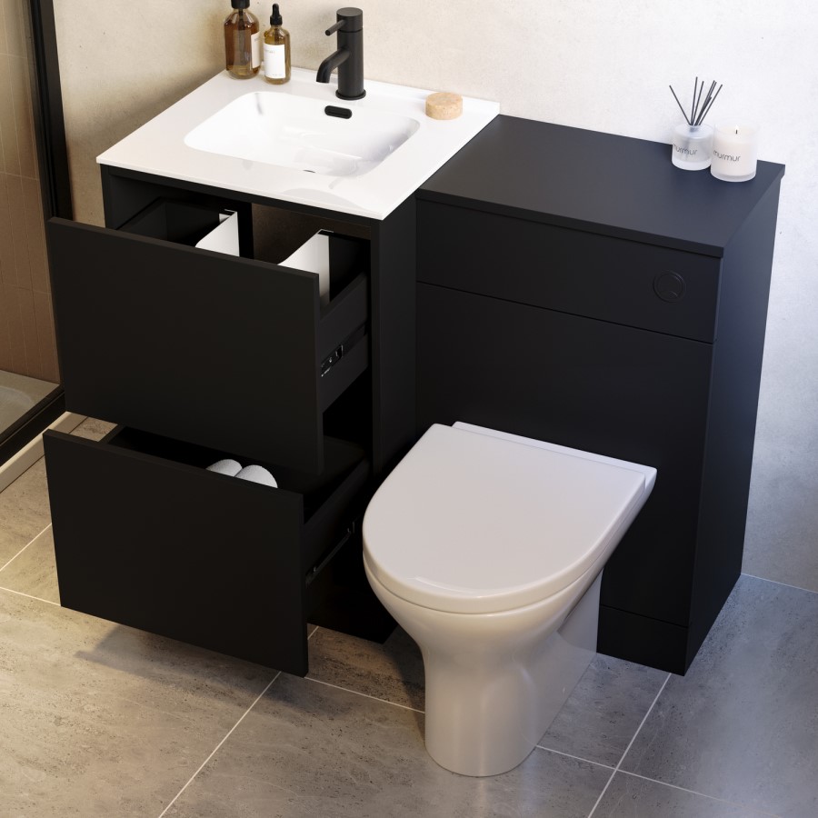 1000mm Black Toilet and Sink Unit with Round Toilet and Black Push Button - Palma