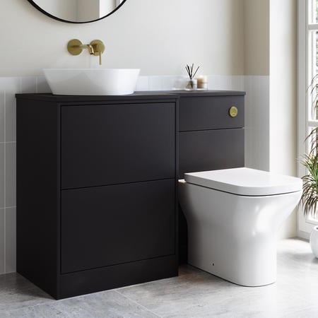1100mm Black Left Hand Toilet and Sink Unit with Triangular Countertop Basin and Brushed Brass ...