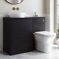 1100mm Black Left Hand Toilet and Sink Unit with Triangular Countertop Basin and Brushed Brass Push Button - Palma 1100mm Black Left Hand Toilet and Sink Unit with Triangular Countertop Basin and Brushed Brass Push Button - Palma
