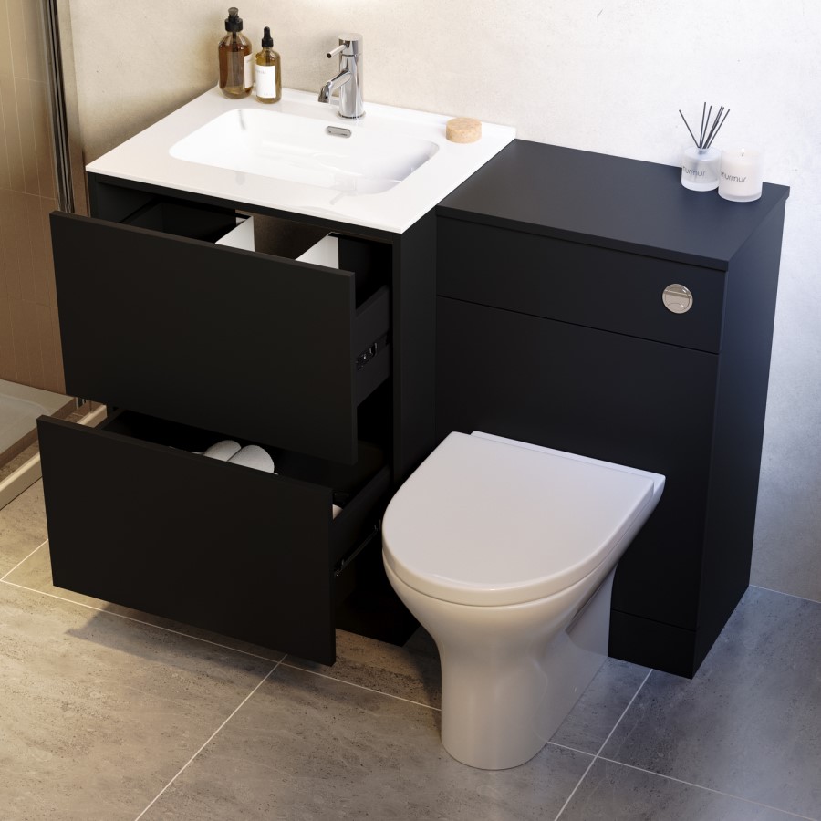1100mm Black Toilet and Sink Unit with Round Toilet and Chrome Push Button - Palma