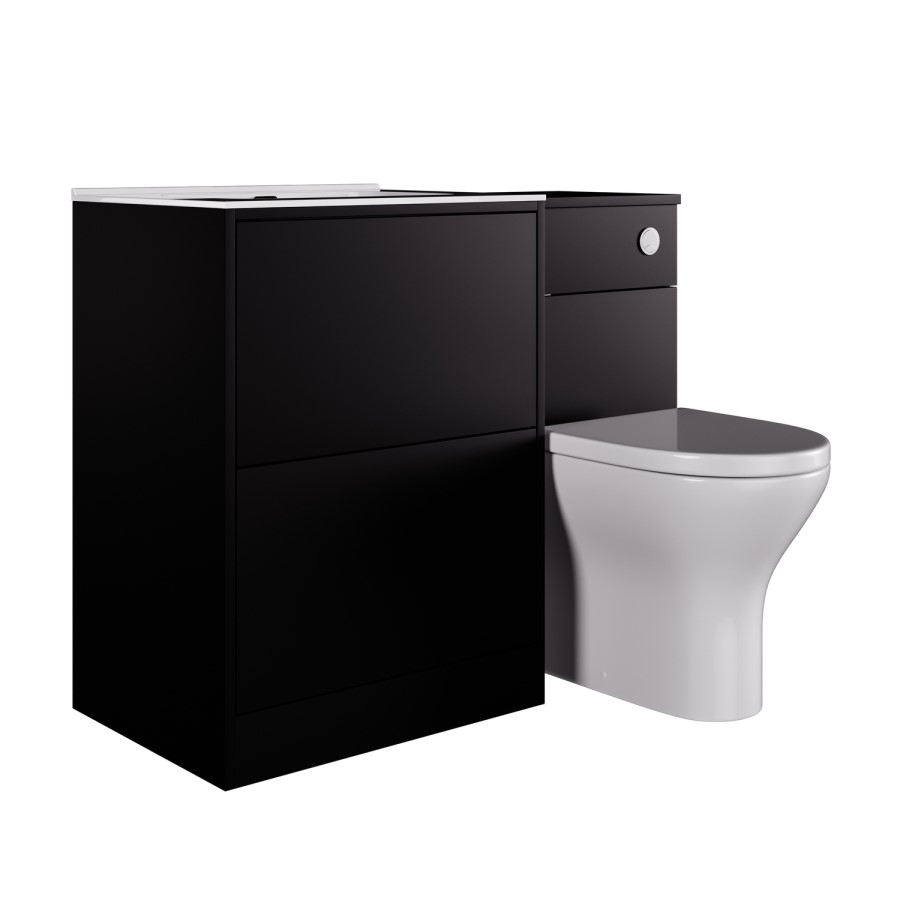1100mm Black Toilet and Sink Unit with Round Toilet and Chrome Push Button - Palma