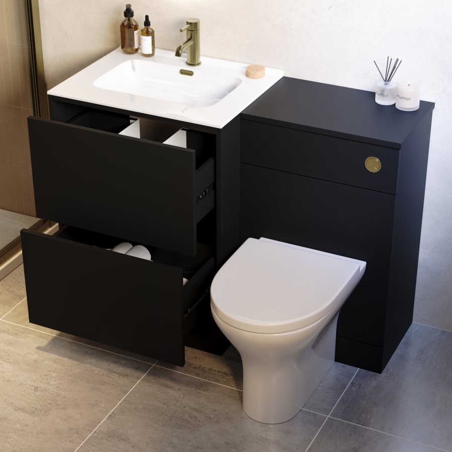 1100mm Black Toilet and Sink Unit with Round Toilet and Brushed Brass Push Button - Palma