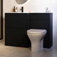 1100mm Black Toilet and Sink Unit with Round Toilet and Matt Black Push Button - Palma