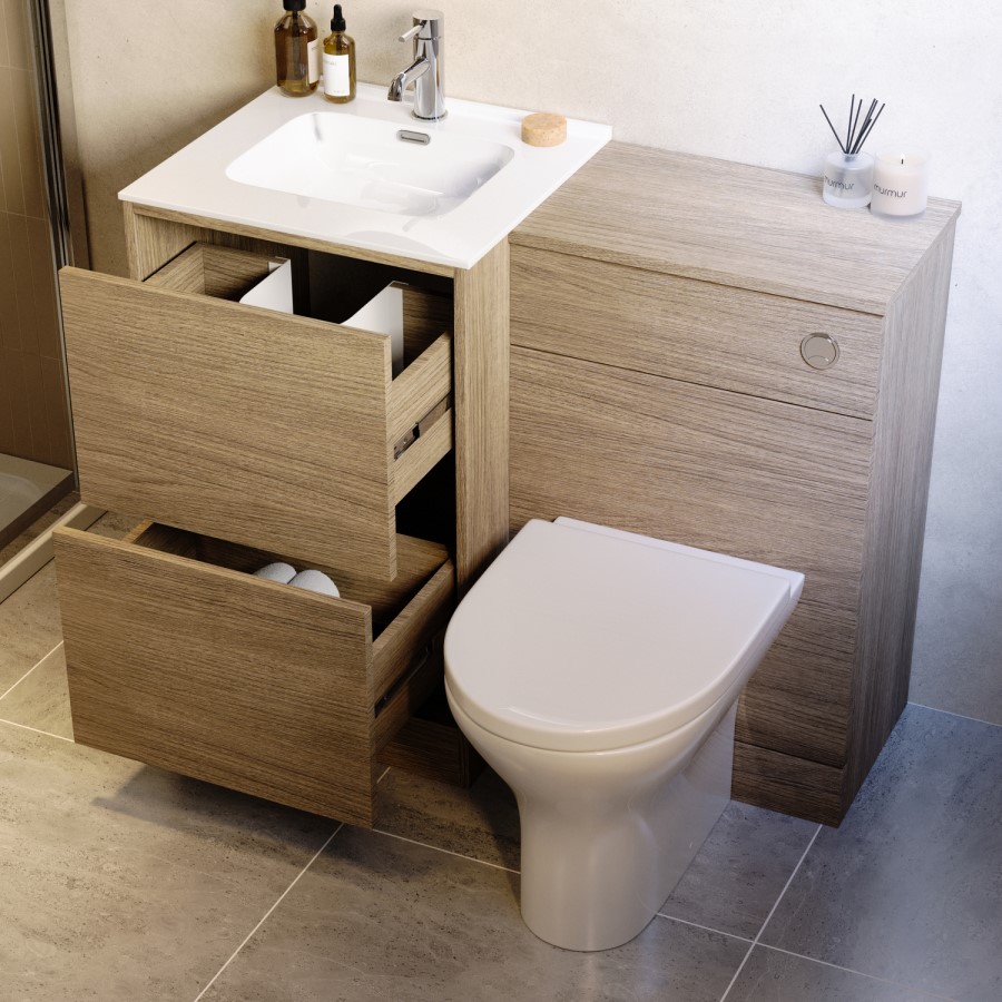1000mm Oak Wood Effect Toilet and Sink Unit with Round Toilet and Chrome Push Button - Palma