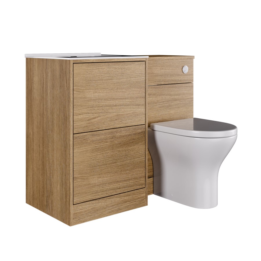 1000mm Oak Wood Effect Toilet and Sink Unit with Round Toilet and Chrome Push Button - Palma