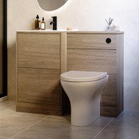 1000mm Oak Wood Effect Toilet and Sink Unit with Round Toilet and Matt Black Push Button - Palma