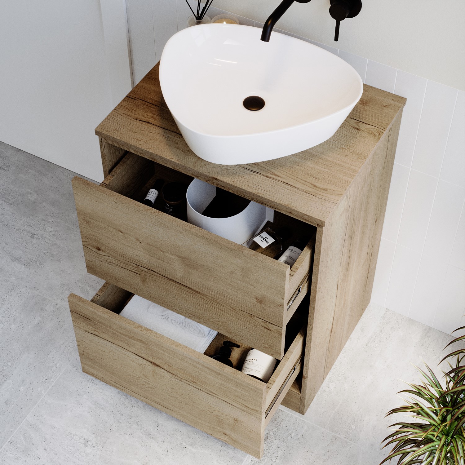 600mm Wood Effect Freestanding Countertop Vanity Unit with Triangular ...