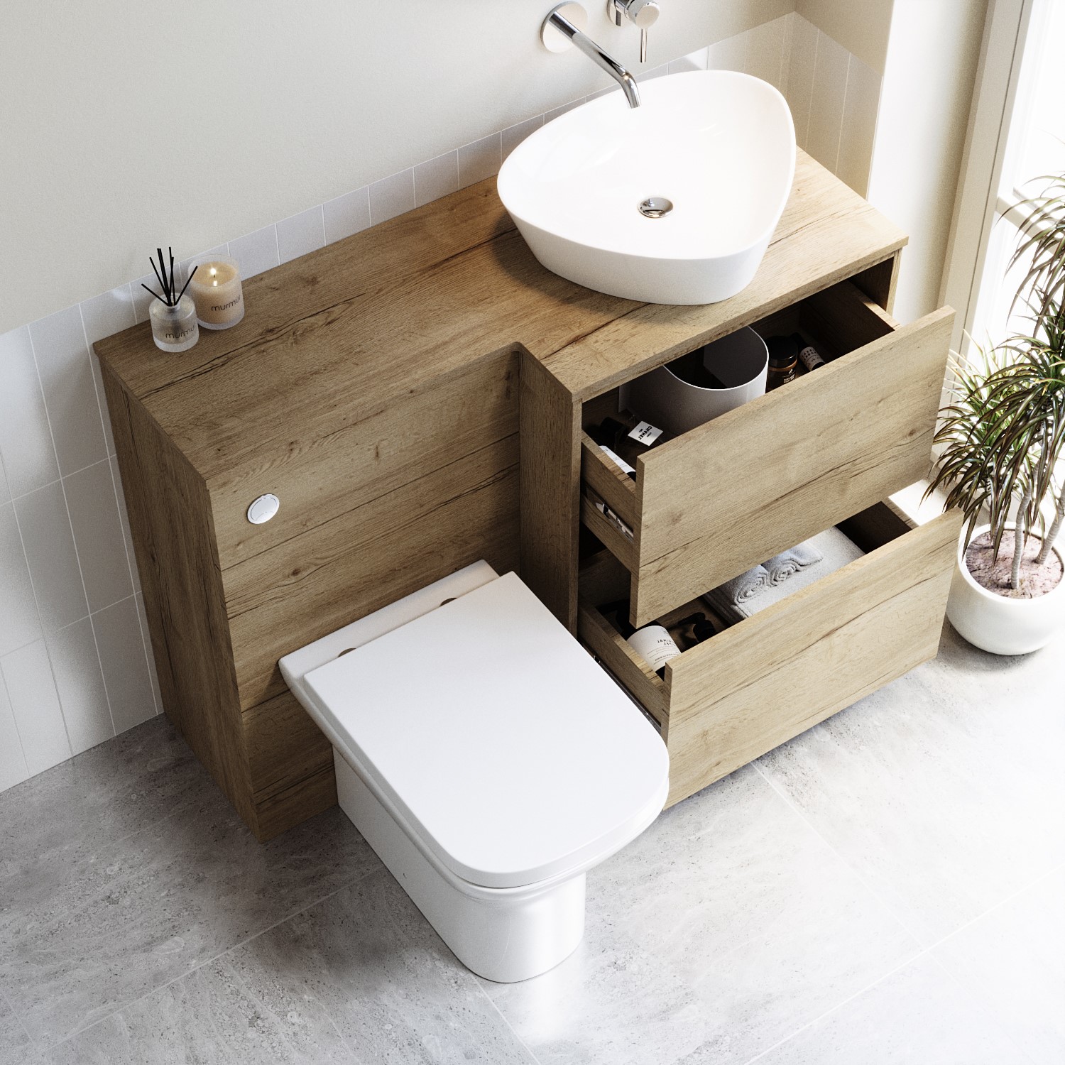 Triangular Basing 1100mm Wood Effect Right Hand Toilet and Sink Unit with Triangular ...