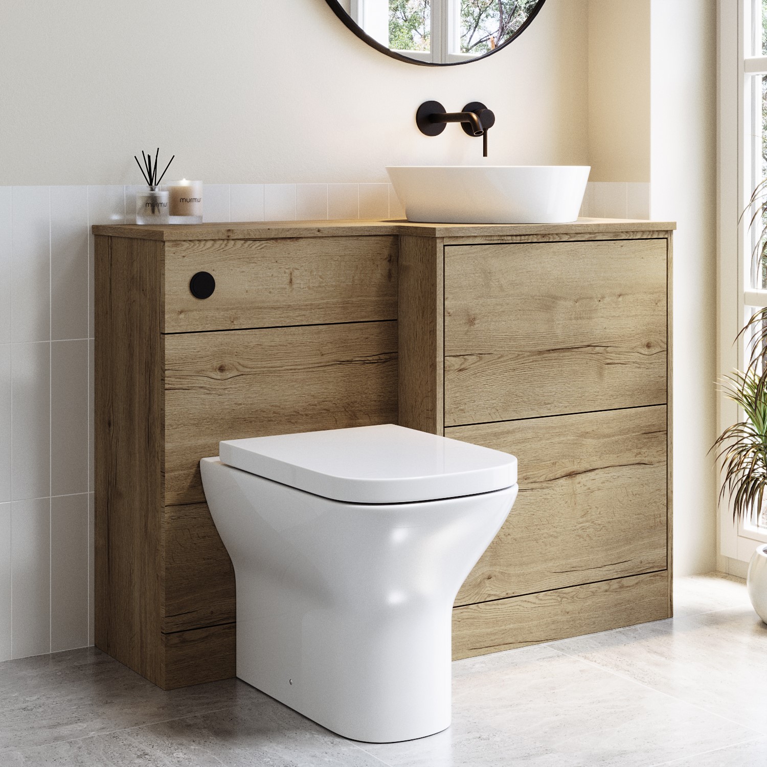 Triangular Basing 1100mm Wood Effect Right Hand Toilet and Sink Unit with Triangular ...
