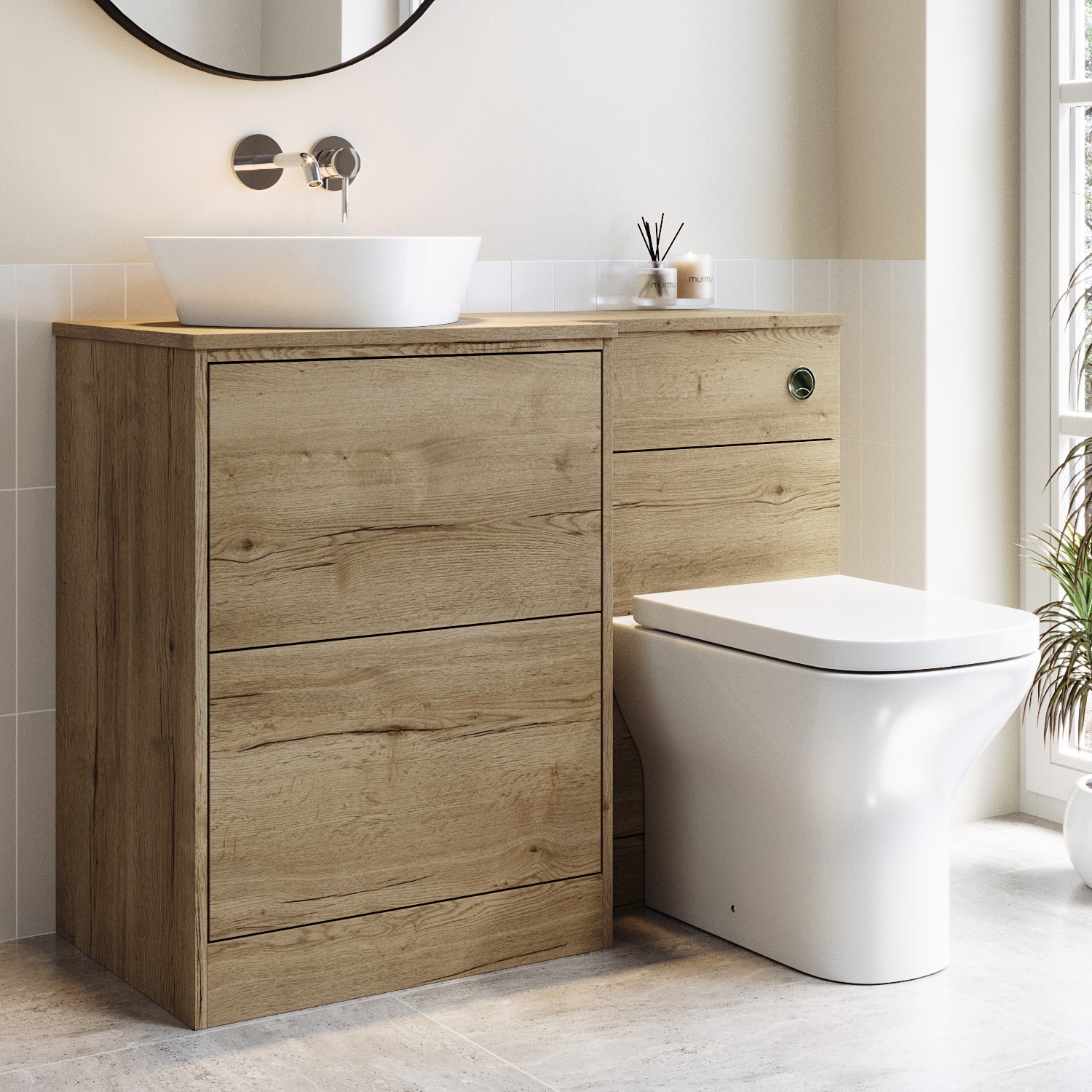 Triangular Basing 1100mm Wood Effect Left Hand Toilet and Sink Unit with Triangular Basin ...