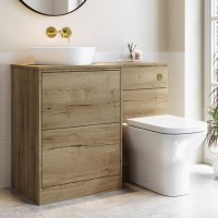 1100mm Wood Effect Left Hand Toilet and Sink Unit with Triangular Basin and Brushed Brass Push Button- Palma 1100mm Wood Effect Left Hand Toilet and Sink Unit with Triangular Basin and Brushed Brass Push Button- Palma