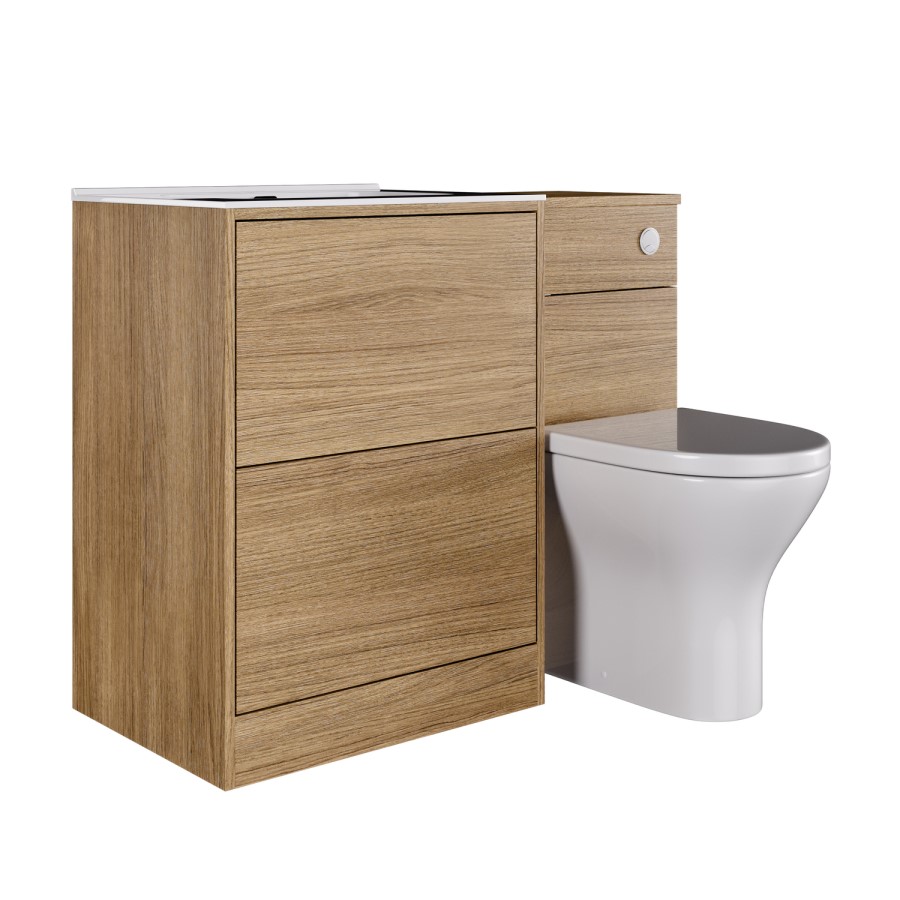 1100mm Oak Wood Effect Toilet and Sink Unit with Round Toilet and Chrome Push Button - Palma