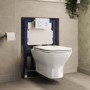 Wall Hung Rimless Toilet with Soft Close Seat, White Glass Sensor Flush Plate, 820mm Frame & Cistern – Palma
