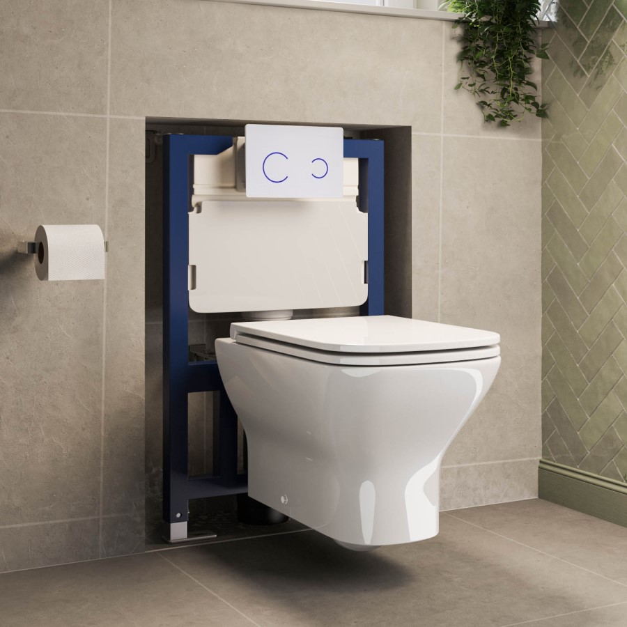 Wall Hung Rimless Toilet with Soft Close Seat, White Glass Sensor Flush Plate, 820mm Frame & Cistern – Palma