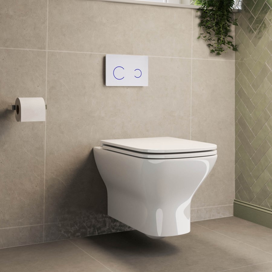 Wall Hung Rimless Toilet with Soft Close Seat, White Glass Sensor Flush Plate, 820mm Frame & Cistern – Palma
