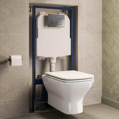 Wall Hung Rimless Toilet with Soft Close Seat, Chrome Pneumatic Flush Plate, 1168mm Frame & Cistern – Palma
