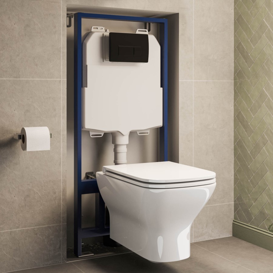 Wall Hung Rimless Toilet with Soft Close Seat, Matt Black Pneumatic Flush Plate, 1168mm Frame & Cistern – Palma