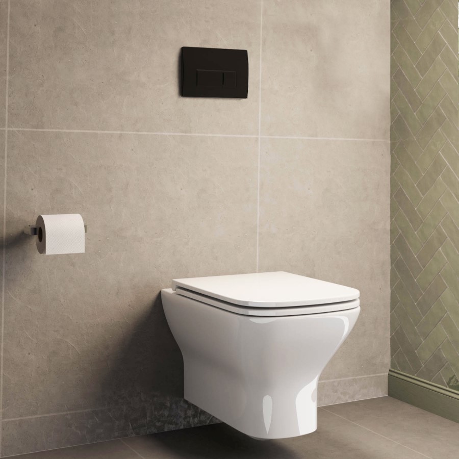 Wall Hung Rimless Toilet with Soft Close Seat, Matt Black Pneumatic Flush Plate, 1168mm Frame & Cistern – Palma
