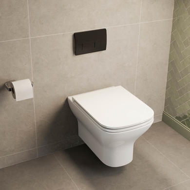 Wall Hung Rimless Toilet with Soft Close Seat, Matt Black Pneumatic Flush Plate, 1168mm Frame & Cistern – Palma
