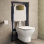 Wall Hung Rimless Toilet with Soft Close Seat, Brushed Brass Pneumatic Flush Plate, 1168mm Frame & Cistern – Palma