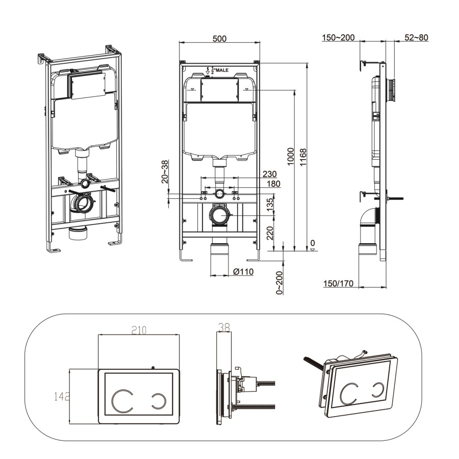Palma Wall Hung Toilet 1160mm Pneumatic Frame & Cistern & Black Glass Flush Plate