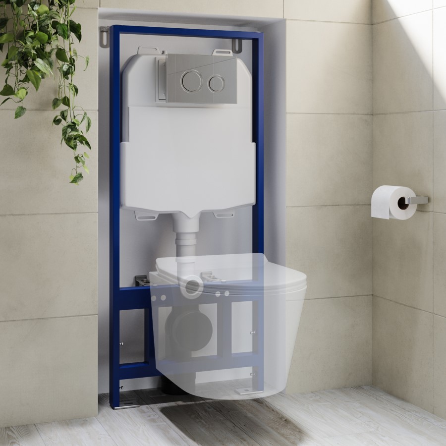 1168mm Wall Hung Toilet Frame & Chrome Mechanical Dual Flush Plate with Concealed Cistern - Zana